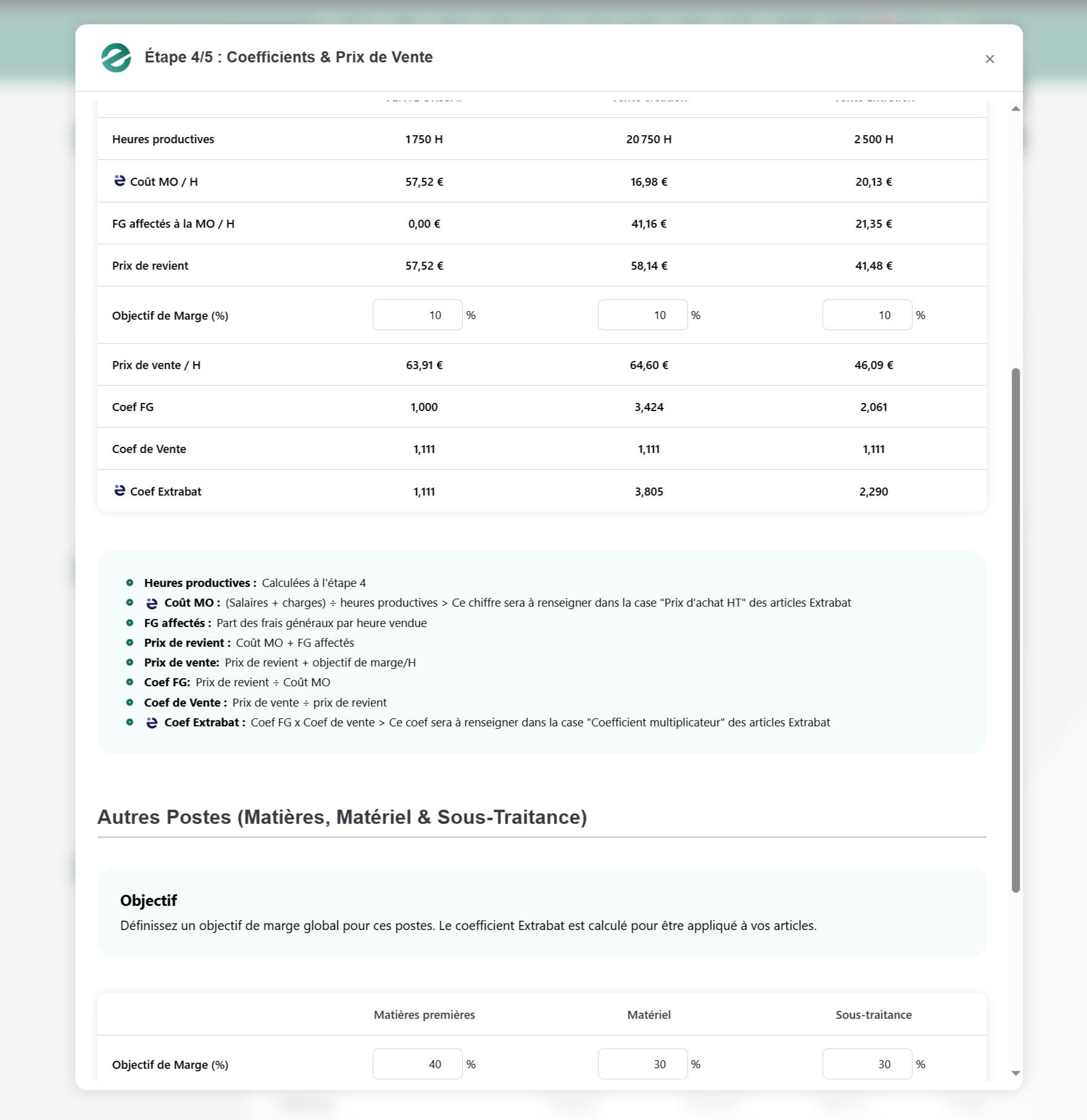 Tableau montrant le paramétrage d'Exzen Metrics